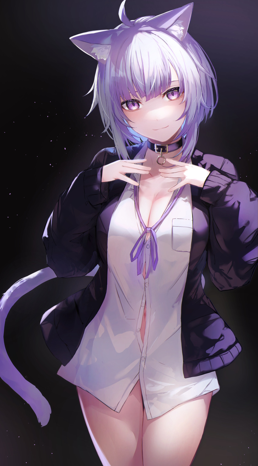 1girl, absurdres, ahoge, animal_ear_fluff, animal_ears, arahenas, black_choker, breasts, cat_ears, cat_tail, choker, cleavage, closed_mouth, commentary_request, cowboy_shot, dress_shirt, highres, hololive, jacket, large_breasts, long_sleeves, looking_at_viewer, naked_shirt, neck_ribbon, nekomata_okayu, nekomata_okayu_(oversized_shirt), open_clothes, open_jacket, purple_eyes, purple_hair, purple_jacket, purple_ribbon, ribbon, shirt, short_hair, solo, standing, tail, virtual_youtuber, white_shirt