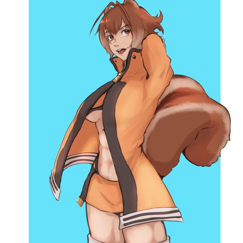 abs, animal_ears, blazblue, breasts, brown_hair, giltori, highres, jacket, large_breasts, makoto_nanaya, microskirt, orange_jacket, short_hair, skirt, squirrel_ears, squirrel_tail, tail, underboob, white_hair