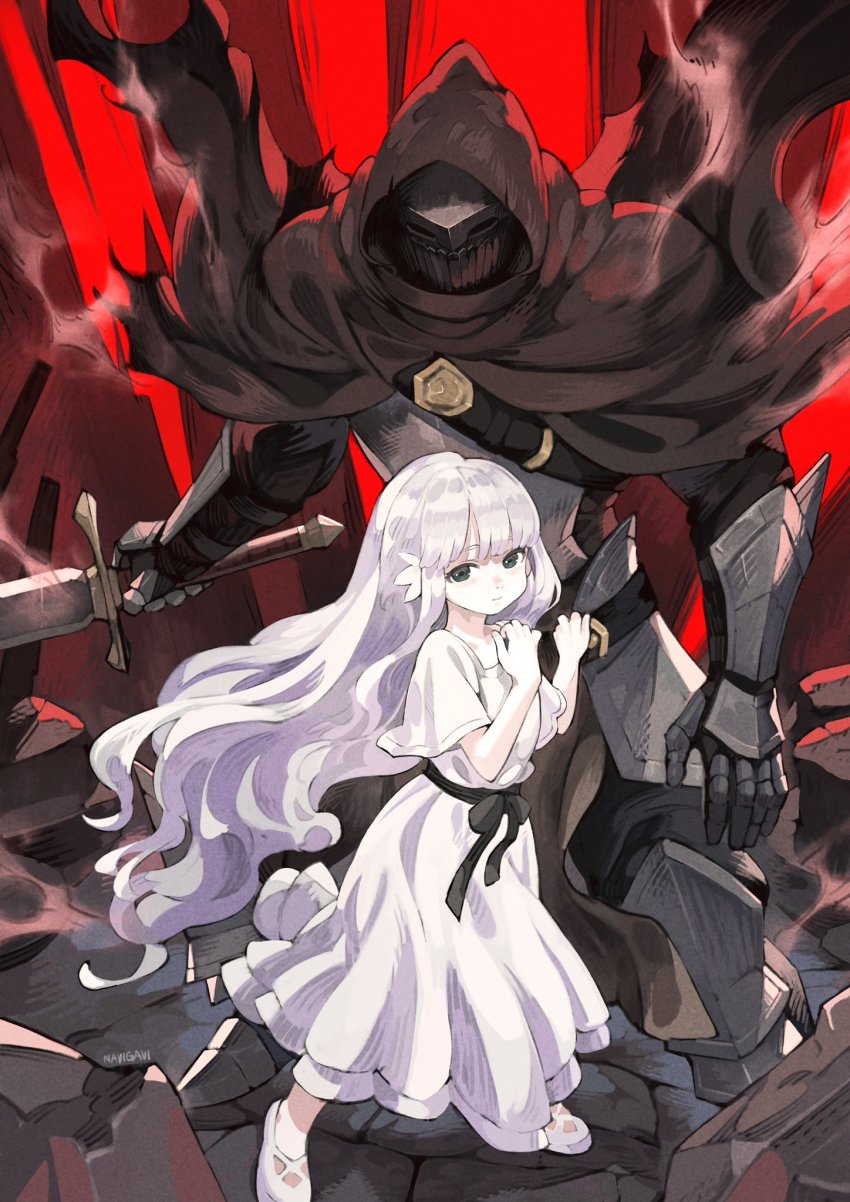 1boy, 1girl, armor, black_cloak, blue_eyes, cloak, closed_mouth, collarbone