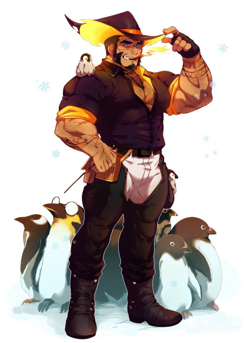 1boy, absurdres, baby_animal, bara, bird, blue_eyes, booboo_(19816236), commentary