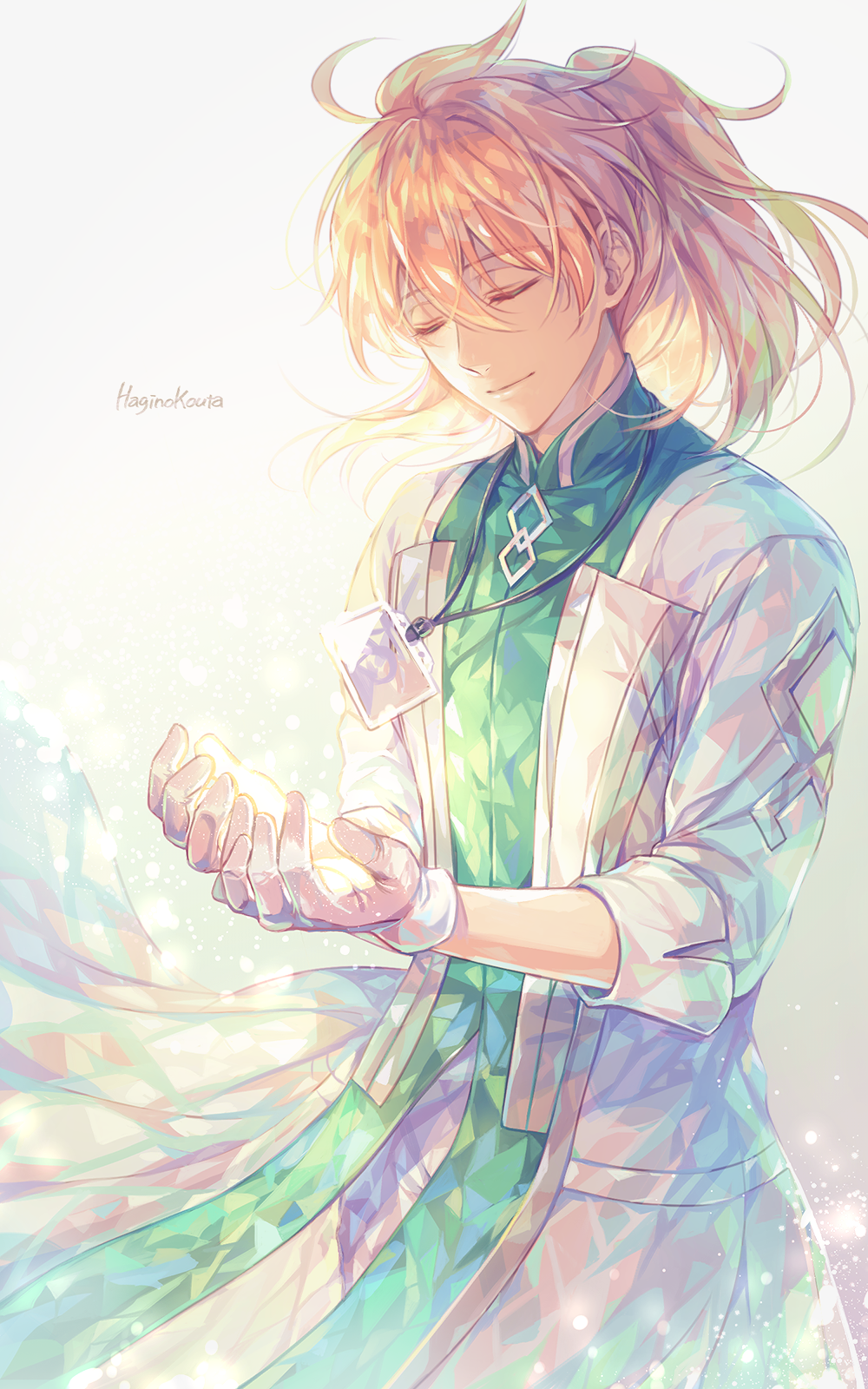 1boy, ahoge, chaldea_staff_uniform, chaldea_uniform, closed_eyes, closed_mouth, fate/grand_order, fate_(series), gloves, hagino_kouta, highres, lab_coat, long_hair, long_sleeves, male_focus, orange_hair, ponytail, romani_archaman, smile, solo, white_gloves