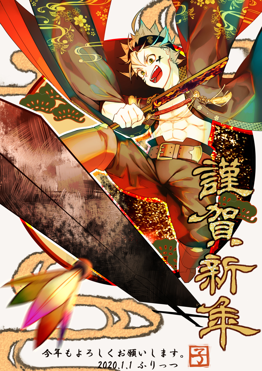 1boy, 2020, abs, absurdres, ahoge, akeome, artist_name, asta_(black_clover), bare_pectorals, belt, black_bulls_(emblem), black_clover, black_headband, blonde_hair, blurry, blurry_foreground, buckle, buttons, capelet, dated, egasumi, facial_mark, five-leaf_clover, foreground_text, frit_2, green_eyes, grey_hair, hagoita, hair_between_eyes, hanetsuki, happy_new_year, headband, highres, kanoko_(pattern), kotoyoro, long_bangs, male_focus, messy_hair, nengajou, new_year, open_clothes, open_mouth, open_robe, paddle, pectorals, robe, sakuramon, short_hair, signature, solo, spiked_hair, sword, tassel, v-shaped_eyebrows, weapon