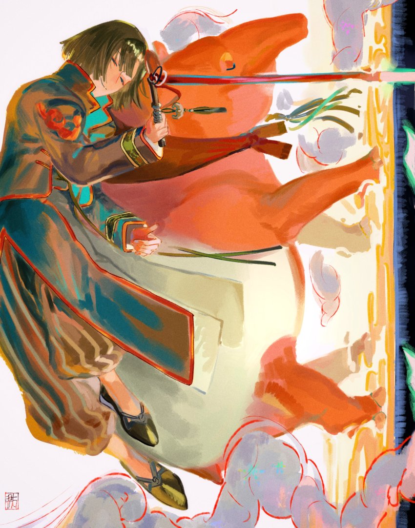 1boy, absurdres, black_coat, black_hair, black_shoes, closed_eyes, closed_mouth, coat