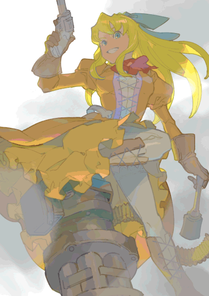 1girl, blonde_hair, bow, breasts, dress, gun, hair_ribbon, handgun