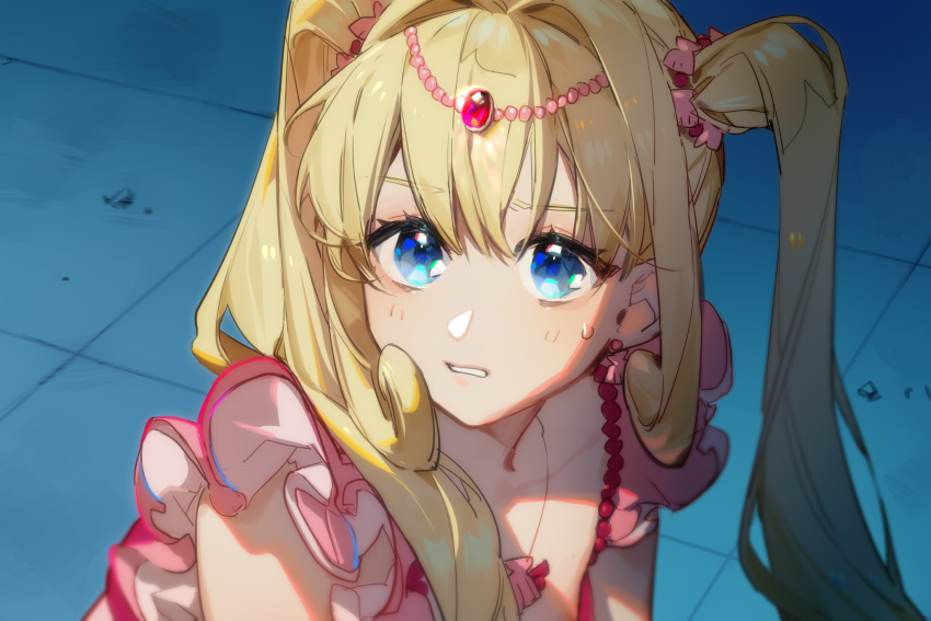 1girl, bishoujo_senshi_sailor_moon, bishoujo_senshi_sailor_moon_s, blonde_hair, blue_eyes, breasts, circlet, cleavage, derivative_work, dress, earrings, frilled_dress, frills, highres, jewelry, long_hair, looking_at_viewer, meme, nanami_lucia, nanami_lucia_(idol), nanami_lucia_(super_idol), necklace, parted_lips, pink_dress, sailor_moon_redraw_challenge_(meme), screenshot_redraw, sleeveless, sleeveless_dress, solo, tears, tefco, tsukino_usagi, twintails, upper_body