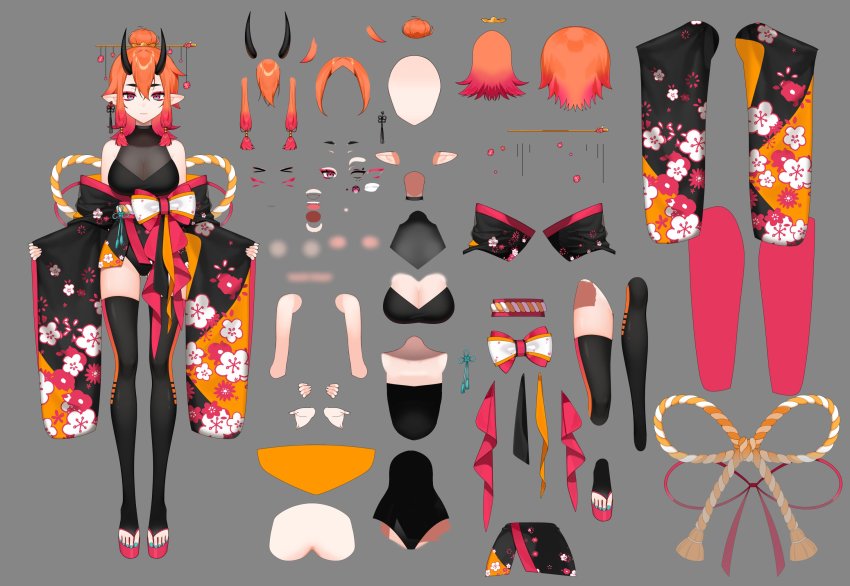 1girl, bare_shoulders, black_kimono, black_legwear, black_sleeves, blue_nails, breasts, character_profile, character_request, reference_sheet, cleavage, closed_mouth, demon_girl, demon_horns, earrings, full_body, grey_background, highres, horns, japanese_clothes, jewelry, kimono, nail_polish, naru_(_nanyao3o), orange_hair, pink_eyes, pointy_ears, sandals, simple_background, single_earring, solo, toeless_legwear, toenail_polish, toenails, toes, virtual_youtuber, zouri