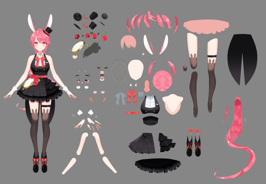 1girl, absurdres, animal_ears, black_dress, black_footwear, black_hat, black_thighhighs, bow, bowtie, character_profile, character_request, reference_sheet, copyright_request, dress, grey_background, hat, highres, long_hair, looking_at_viewer, naru_(_nanyao3o), pink_bow, pink_bowtie, pink_eyes, pink_hair, ponytail, rabbit_ears, rabbit_girl, simple_background, sleeveless, sleeveless_dress, solo, thighhighs, virtual_youtuber