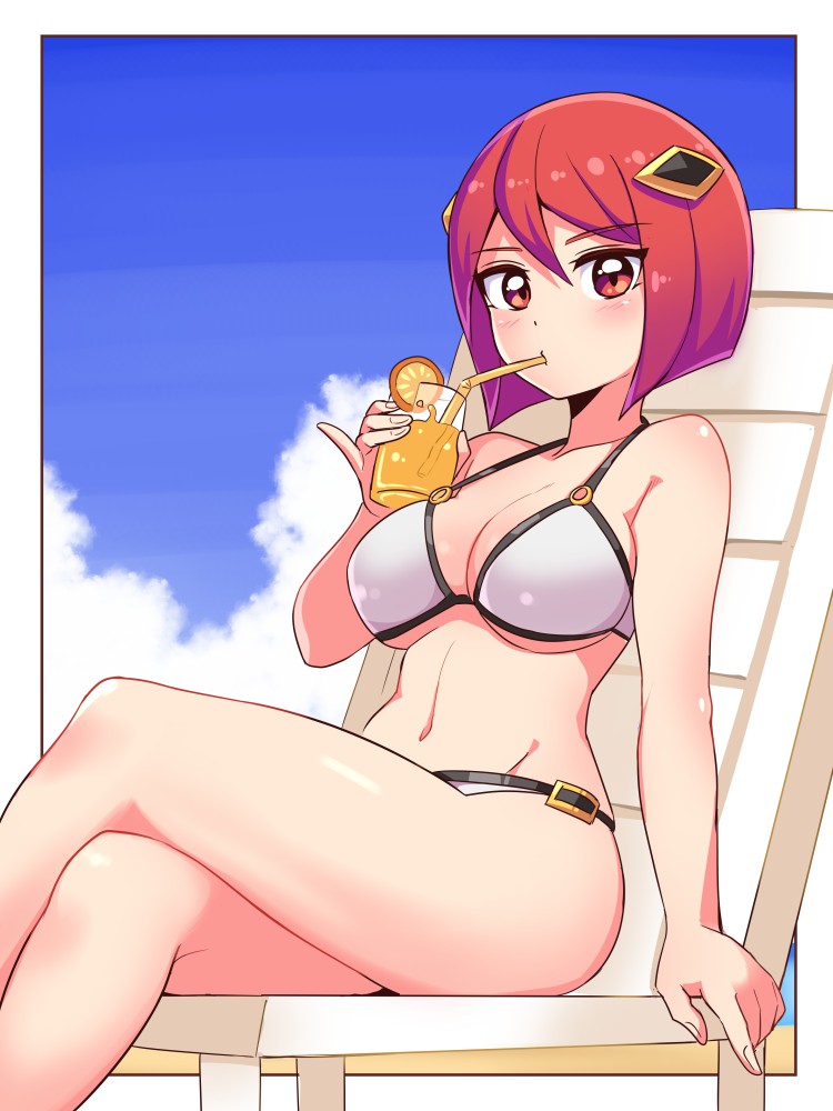 1girl, azure_striker_gunvolt, azure_striker_gunvolt_2, beach_chair, bikini, blue_sky, blunt_ends, bob_cut