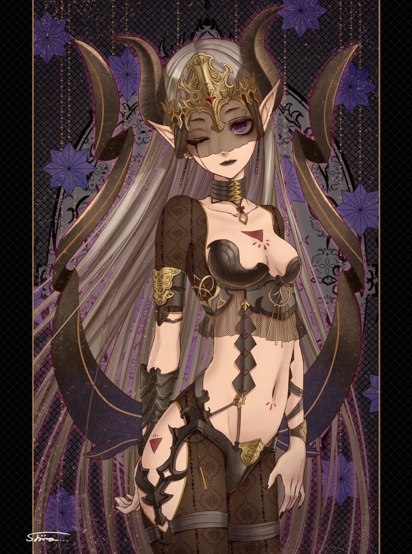 1girl, belt_collar, closed_mouth, collar, commentary_request, earrings, highres, horns, jewelry, long_hair, looking_at_viewer, midriff, navel, one_eye_closed, original, pointy_ears, purple_eyes, shinna_008, thigh_gap