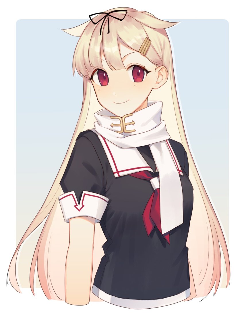 1girl, bad_id, bad_twitter_id, black_serafuku, blonde_hair, blush, breasts, gradient_hair