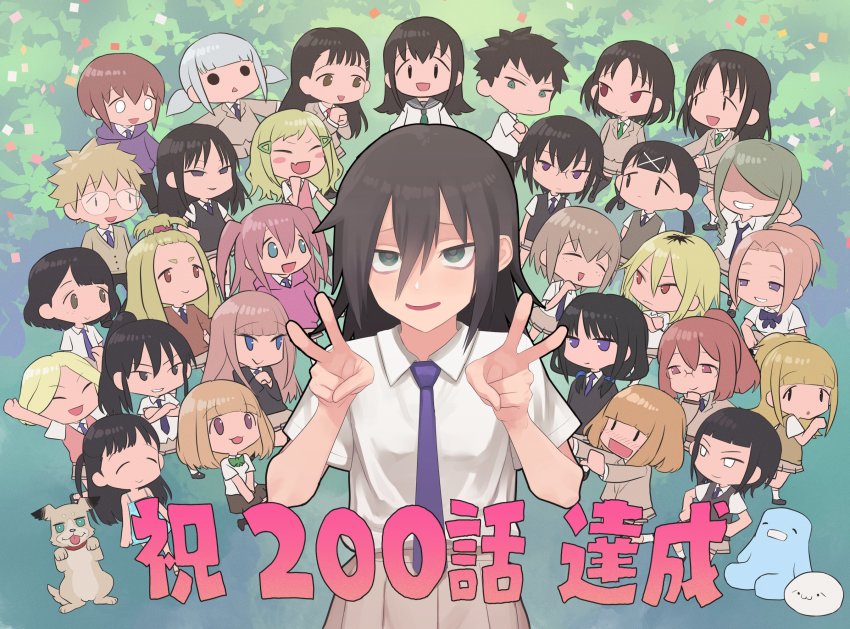 3boys, 6+girls, anna_(watamote), bags_under_eyes, black_hair, blazer, blonde_hair, blouse, blunt_bangs, blush, cardigan, collared_shirt, double_v, futaki_shiki, hair_between_eyes, highres, hirasawa_shizuku, iguchi_akari, imae_megumi, itou_hikari, jacket, kaede_(watamote), katou_asuka, kayo_(watamote), kneehighs, koma_neko, komiyama_kotomi, kuroki_tomoki, kuroki_tomoko, kusunoki_kaho, long_hair, maro_(watamote), mima_sachi, minami_koharu, miyazaki_(watamote), mojyo, multiple_boys, multiple_girls, narita_miho, naruse_yuu, natsu_(watamote), nemoto_hina, nori_(watamote), oka_(watamote), okada_akane, ootonari_nagi, pleated_skirt, ponytail, rena_(watamote), sasaki_fuuka, satozaki_kiko, school_uniform, serafuku, shirt, short_hair, skirt, socks, suzuki_(watamote), sweater_vest, tamura_yuri, tanaka_mako, thighhighs, topknot, uchi_emiri, v, wada_(watamote), watashi_ga_motenai_no_wa_dou_kangaetemo_omaera_ga_warui!, white_shirt, yoda_sayaka, yoshida_masaki