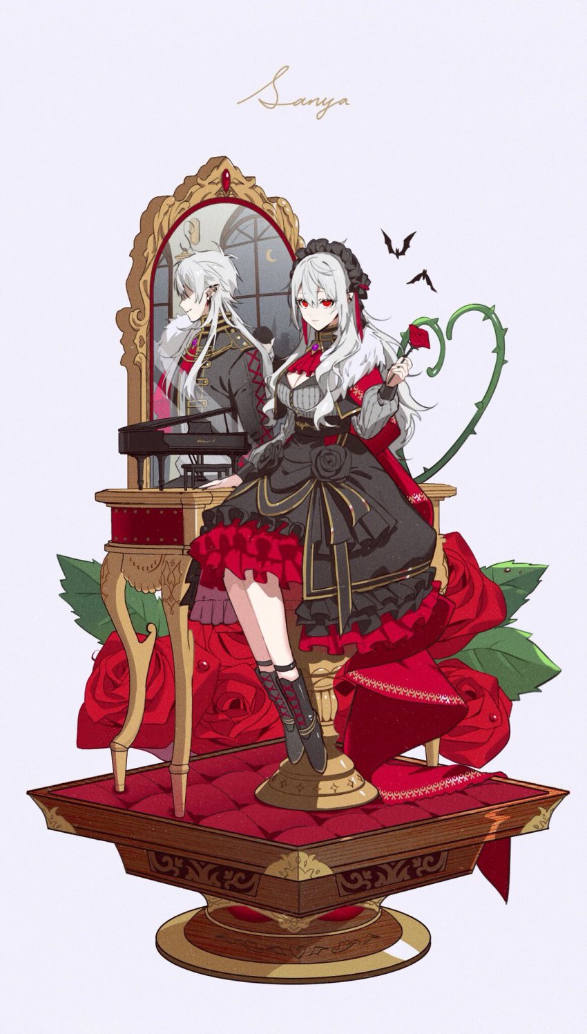 1girl, 2boys, aio_desu, animal, animal_print, bat_(animal), bat_print, black_dress, black_flower, black_footwear, black_rose, bowing, breasts, chair, character_name, cleavage, closed_mouth, crescent_moon, dew_drop, different_reflection, dress, ear_piercing, earrings, film_grain, fingernails, flower, frilled_dress, frills, gold_trim, grey_hair, hair_between_eyes, heart, highres, holding, holding_flower, indoors, instrument, jewelry, kuzuha_(nijisanji), long_fingernails, long_hair, maid_headdress, mirror, mole, mole_under_eye, moon, multiple_boys, nijisanji, piano, piercing, pointy_ears, red_eyes, red_flower, red_rose, reflection, rose, sanya_(1st_costume)_(nijisanji), sanya_(nijisanji), shaded_face, sharp_fingernails, sitting, smile, striped, thorns, turtleneck, vampire, very_long_fingernails, virtual_youtuber, water_drop, window