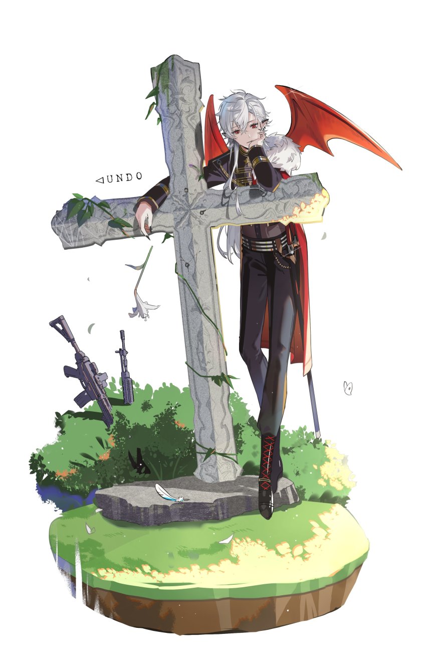 1boy, absurdres, aio_desu, belt, black_footwear, black_nails, bug, bush