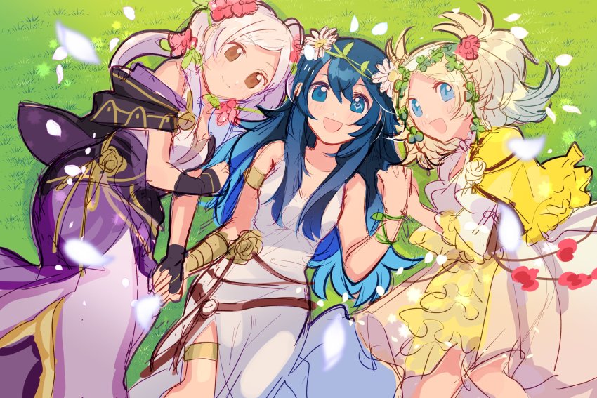 3girls, :d, alternate_costume, armlet, blonde_hair, blue_eyes, blue_hair, dress