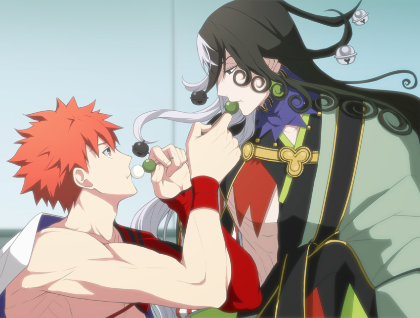 ashiya_douman_(fate), asymmetrical_hair, bell, black_eyes, black_hair, cape, commentary_request, curly_hair