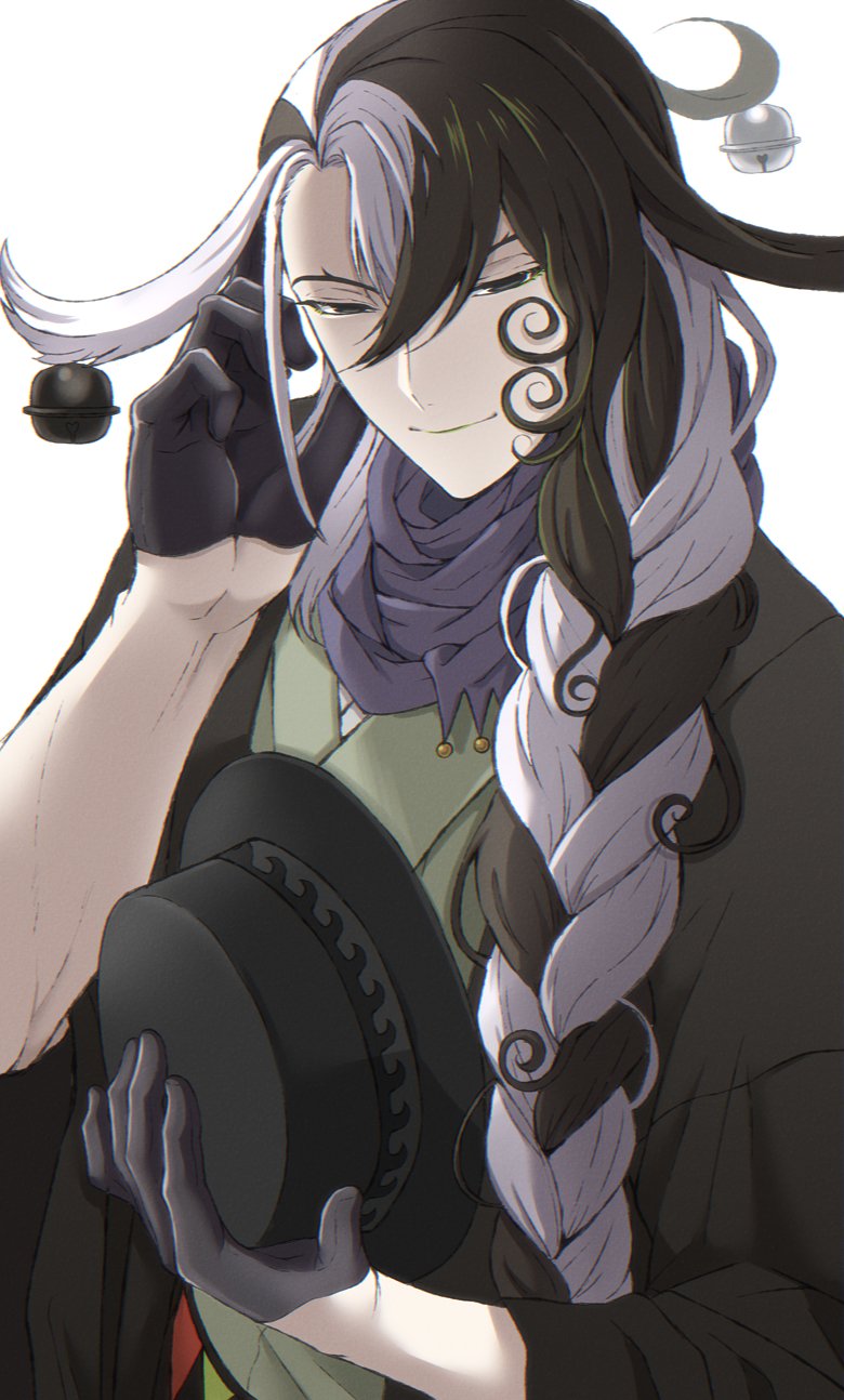 1boy, alternate_hairstyle, ashiya_douman_(fate), asymmetrical_hair, black_gloves, black_hair, commentary_request, earrings