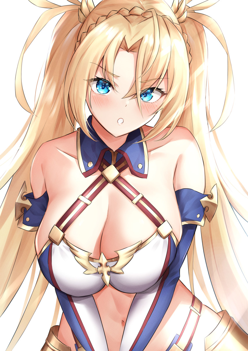 1girl, absurdres, armor, bare_shoulders, bikini, blonde_hair, blue_bikini, blue_eyes, blue_gloves, blush, bradamante_(fate), bradamante_(third_ascension)_(fate), braid, breasts, cleavage, collarbone, crown_braid, elbow_gloves, fate/grand_order, fate_(series), faulds, gloves, highleg, highleg_bikini, highres, large_breasts, long_hair, looking_at_viewer, multicolored_bikini, navel, open_mouth, shiraiwa_usagi, solo, swimsuit, twintails, two-tone_bikini, two-tone_gloves, very_long_hair, white_bikini, white_gloves
