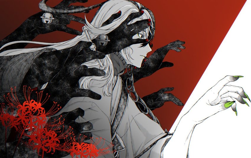 1boy, alternate_hairstyle, ashiya_douman_(fate), asymmetrical_hair, black_gloves, black_hair, commentary_request, earrings