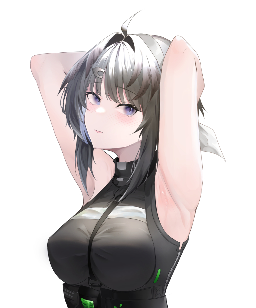 1girl, arknights, armpits, arms_up, blue_eyes, blush, breasts, closed_mouth
