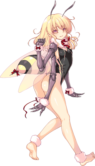 1girl, ankle_cuffs, antennae, arthropod_girl, artist_request, ass, barefoot, bee_girl, black_leotard, blonde_hair, bow, breasts, carapace, cleavage, compound_eyes, extra_arms, full_body, honey_(monster_musume), insect_girl, leotard, long_hair, monster_girl, monster_musume_no_iru_nichijou, monster_musume_no_iru_nichijou_online, neck_ruff, official_art, red_bow, small_breasts, smile, solo, stinger, transparent_background, wrist_cuffs