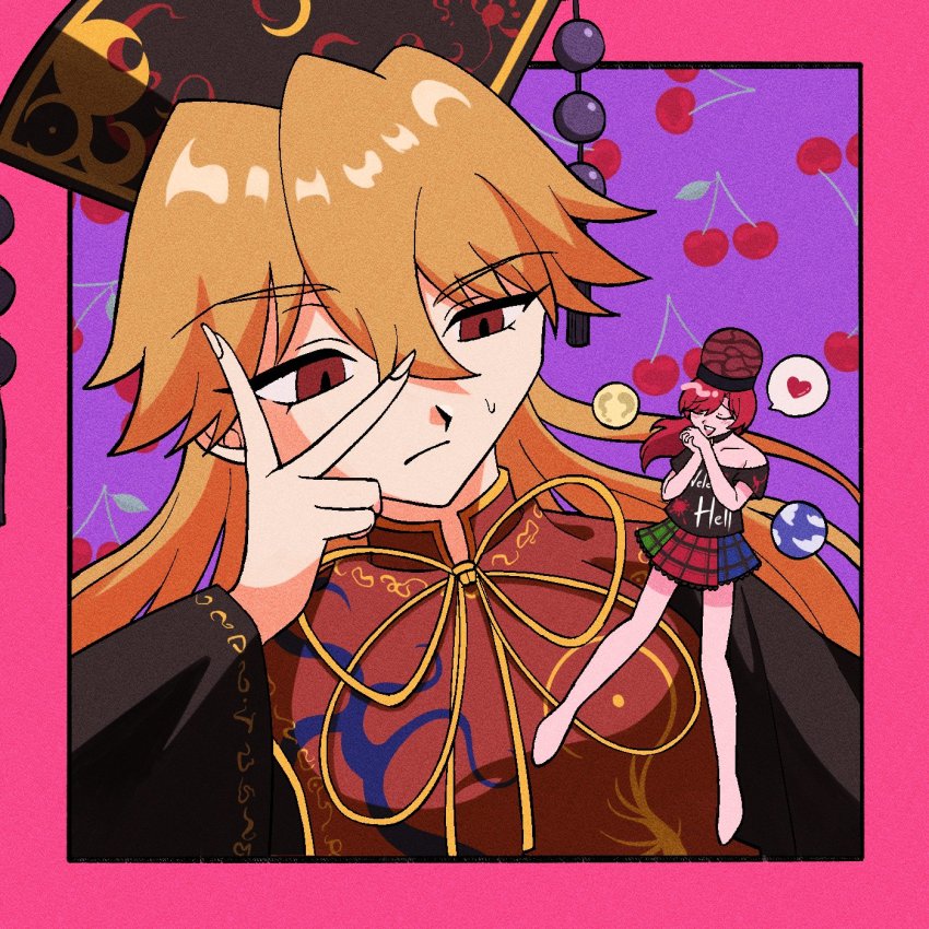 0339_kawaii, 2girls, alternate_hair_length, alternate_hairstyle, bare_shoulders, barefoot, berry, black_choker