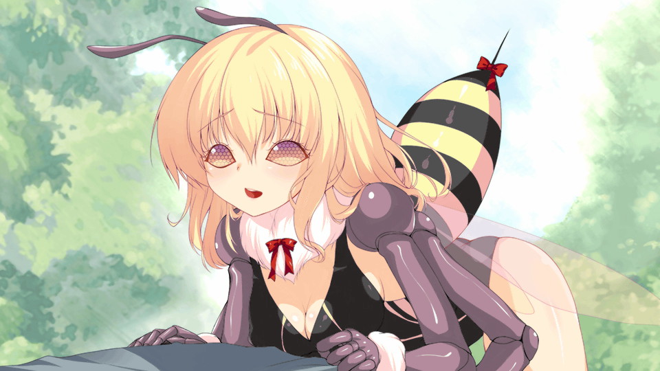 1girl, antennae, arthropod_girl, artist_request, bee_girl, black_leotard, blonde_hair, bow