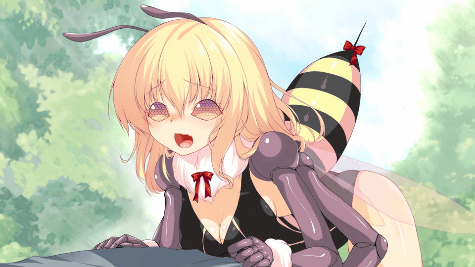 1girl, antennae, arthropod_girl, artist_request, bee_girl, black_leotard, blonde_hair, blush