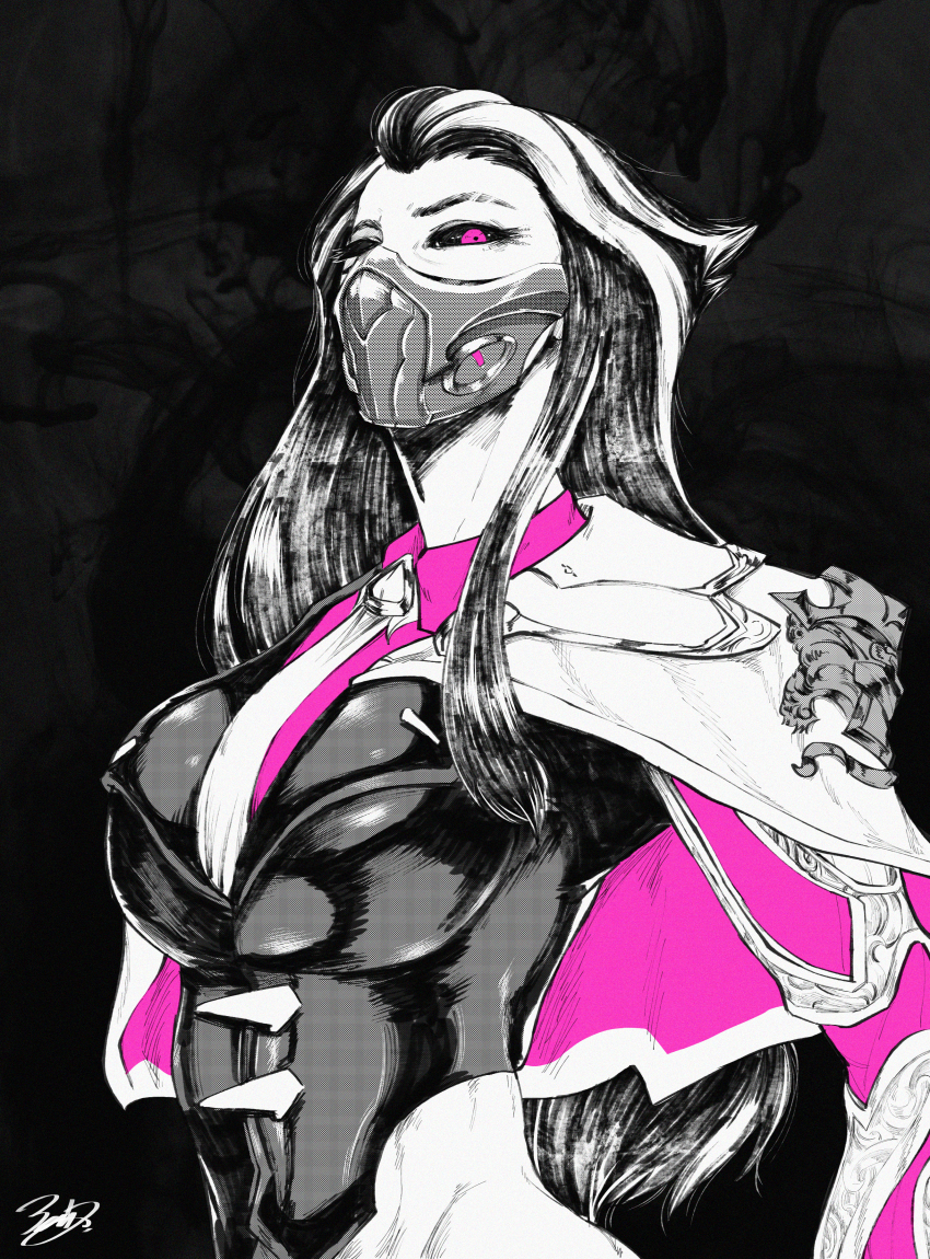 1girl, absurdres, black_background, black_sclera, breasts, collared_shirt, colored_sclera, highres, large_breasts, league_of_legends, long_hair, long_sleeves, looking_at_viewer, mask, monochrome, mouth_mask, multicolored_hair, necktie, pink_eyes, pink_shirt, renata_glasc, shirt, signature, solo, spot_color, two-sided_capelet, two-tone_hair, upper_body, yomz_(sayomphu_2010)