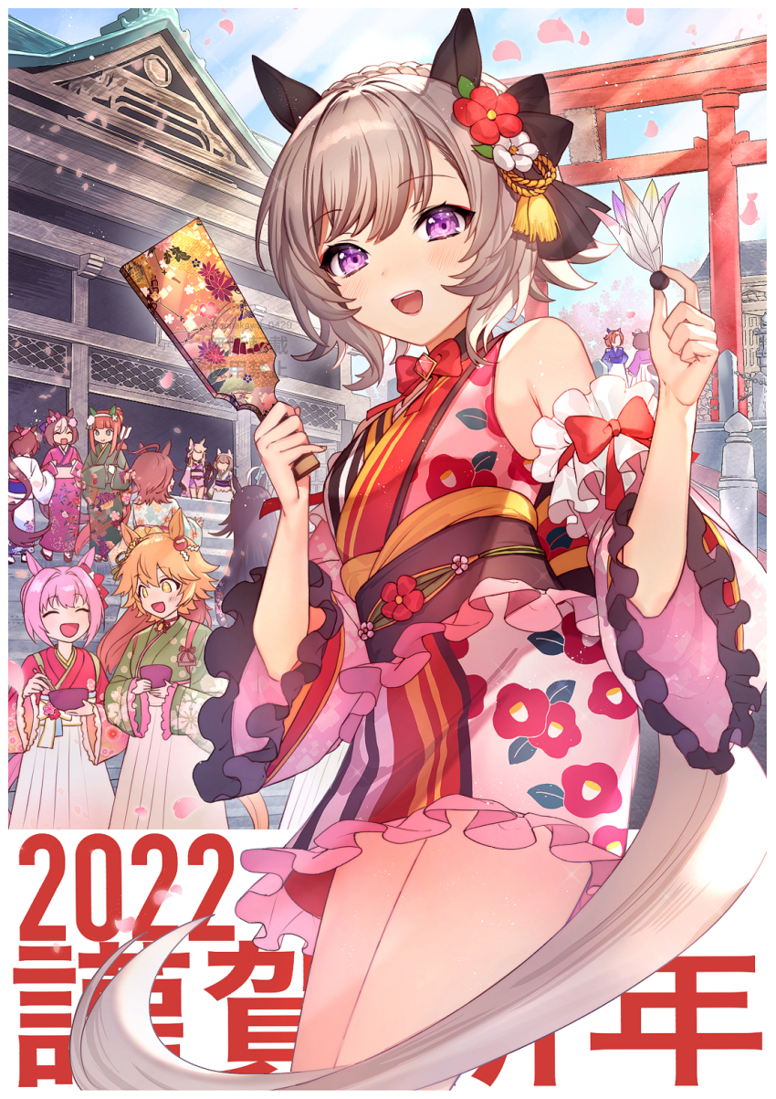 6+girls, agnes_tachyon_(umamusume), alternate_costume, closed_eyes, commentary, curren_chan_(cutie_pie_with_shining_eyes)_(umamusume), curren_chan_(umamusume), detached_sleeves, flower, gold_city_(umamusume), grey_hair, hair_flower, hair_ornament, haru_urara_(new_year_new_urara!)_(umamusume), haru_urara_(umamusume), highres, horse_girl, horse_tail, japanese_clothes, kimono, long_hair, looking_at_viewer, manhattan_cafe_(umamusume), matikanefukukitaru_(touching_sleeves_is_good_luck!)_(umamusume), matikanefukukitaru_(umamusume), meisho_doto_(padding_sores_should_she_go_flying)_(umamusume), meisho_doto_(umamusume), multiple_girls, purple_eyes, short_hair, shrine, silence_suzuka_(umamusume), snow, special_week_(umamusume), t.m._opera_o_(new_year_same_radiance!)_(umamusume), t.m._opera_o_(umamusume), tail, tokai_teio_(umamusume), torii, tsunakawa, umamusume, yukata, yukino_bijin_(dancing_light_into_the_night)_(umamusume), yukino_bijin_(umamusume)