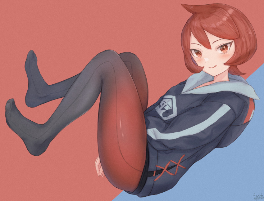 1girl, :q, arezu_(pokemon), black_shorts, blush, closed_mouth, commentary_request, cowlick