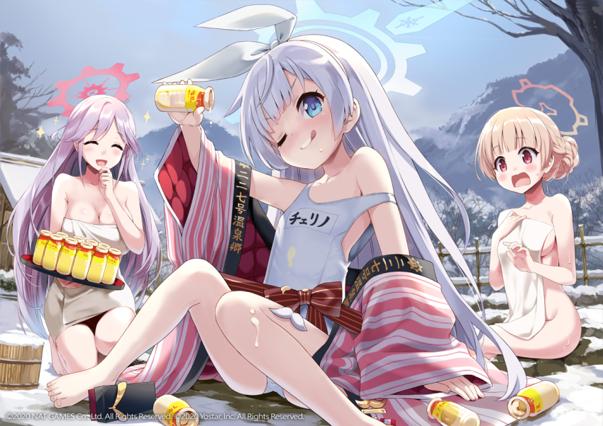 3girls, bath_yukata, blue_archive, blue_eyes, blush, bottle, breasts, cherino_(blue_archive), cherino_(hot_spring)_(blue_archive), eretto, fake_facial_hair, fake_mustache, flat_chest, geta, hair_bun, halo, japanese_clothes, kimono, large_breasts, licking_lips, long_hair, looking_at_viewer, milk, milk_bottle, multiple_girls, naked_towel, nodoka_(blue_archive), nodoka_(hot_spring)_(blue_archive), off_shoulder, official_art, one-piece_swimsuit, one_eye_closed, onsen, open_mouth, outdoors, pink_hair, sandals, unworn_sandals, silver_hair, single_hair_bun, sitting, smile, snow, sparkle, swimsuit, tomoe_(blue_archive), tongue, tongue_out, towel, white_one-piece_swimsuit, winter, yukata
