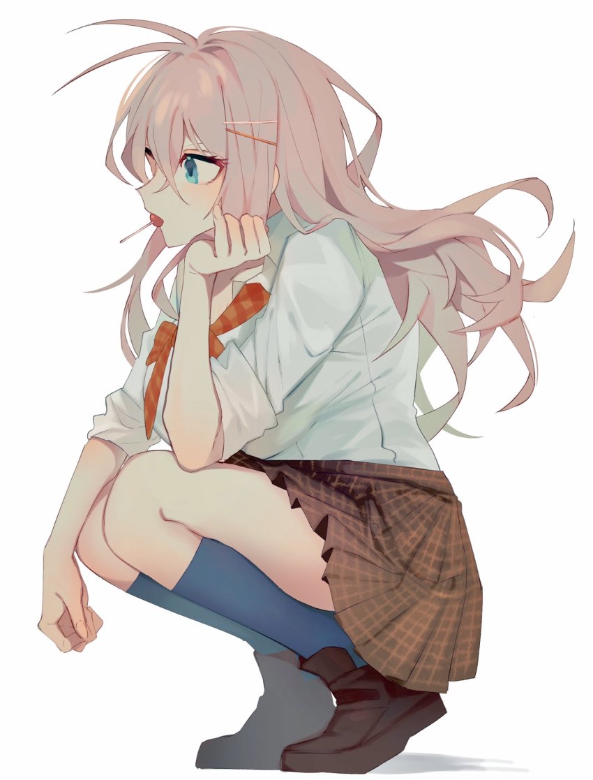 1girl, antenna_hair, blonde_hair, bow, bowtie, breasts, brown_footwear, brown_skirt, candy, commentary_request, danganronpa_(series), danganronpa_v3:_killing_harmony, food, from_side, green_socks, grey_shirt, hair_ornament, hairclip, hand_up, highres, iruma_miu, kneehighs, large_breasts, lollipop, long_hair, mouth_hold, nemari_(nemaru_0907), plaid_bow, plaid_bowtie, plaid_clothes, plaid_skirt, pleated_skirt, shirt, simple_background, skirt, sleeves_rolled_up, socks, squatting, white_background