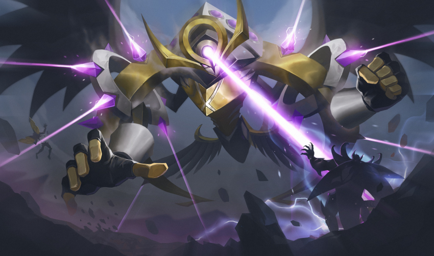 battle, duel_monster, feathered_wings, flying, laser, mecha, robot, sihai_(wsskdywe), steelswarm_caller, steelswarm_hercules, vylon_omega, wings, yu-gi-oh!