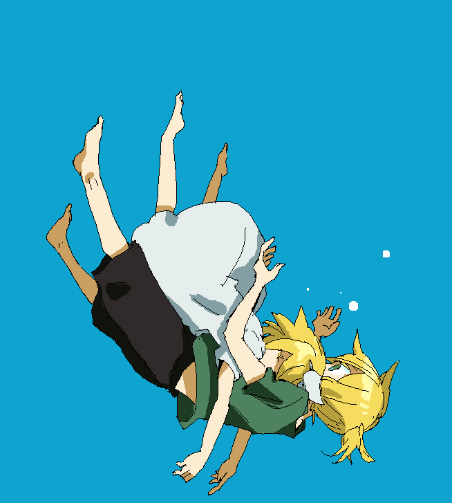 1boy, 1girl, barefoot, blonde_hair, blue_background, brother_and_sister, dress, fall