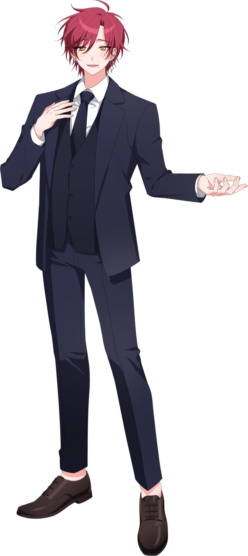 1boy, absurdres, black_jacket, black_necktie, black_pants, black_shoes, blue_vest, collared_shirt