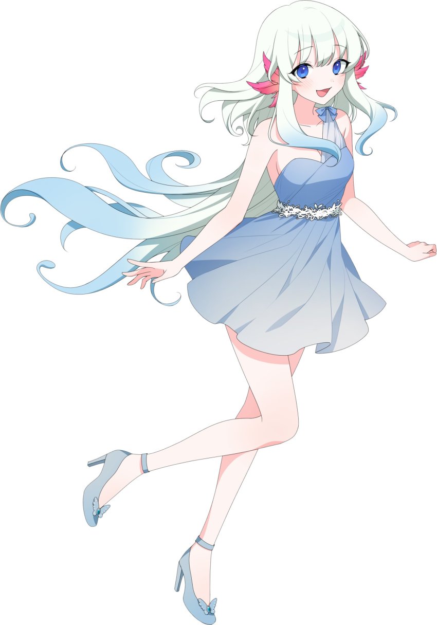 1girl, absurdres, anklet, axolotl_girl, blue_dress, blue_eyes, blue_footwear, blue_hair