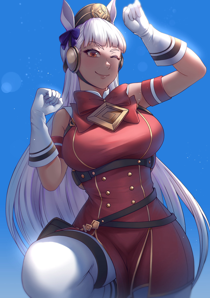 1girl, absurdres, animal_ears, blueriest, blunt_bangs, bow, breasts, gloves