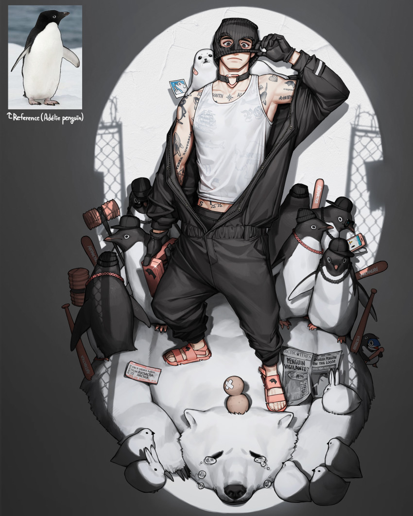 1boy, absurdres, adelie_penguin, bear, bird, black_choker, black_headwear, black_jumpsuit