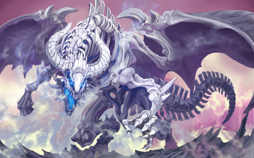 character_request, claws, dragon, dragon_horns, dragon_tail, dragon_wings, duel_masters, full_body, highres, hippo_(hippo999), horns, monster, no_humans, official_art, skeletal_arm, skeletal_wings, skeleton, skeleton_dragon, tail, wings