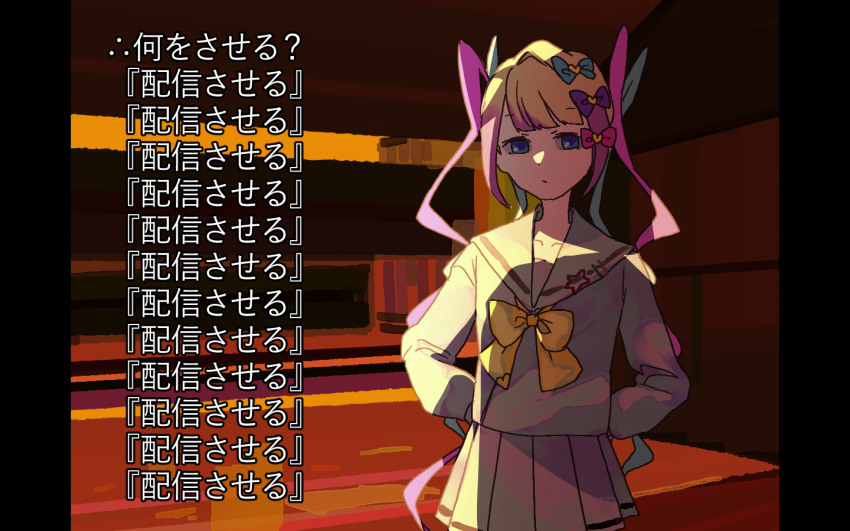 1girl, arms_behind_back, blue_eyes, blue_hair, bow, check_translation, chouzetsusaikawa_tenshi-chan, eiri7hamono