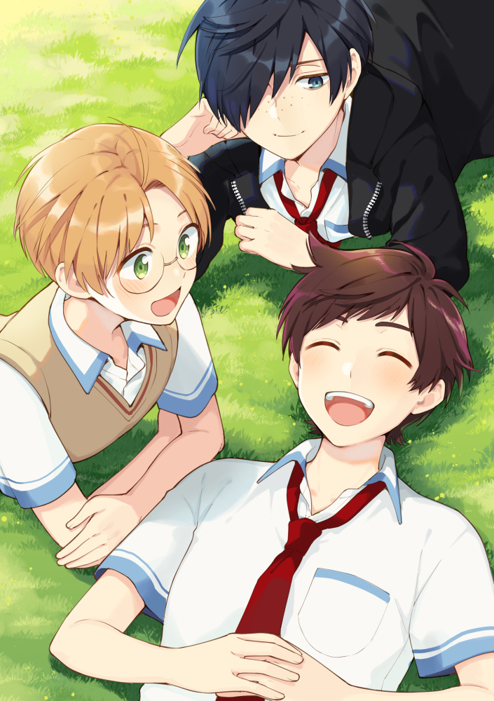 3boys, :d, black_hair, brown_hair, closed_eyes, freckles, grass, green_eyes, hair_over_one_eye, jinnai_enta, karushiumu_shougyo, kuji_toi, laughing, light_brown_hair, lying, multiple_boys, necktie, on_back, on_stomach, open_mouth, pocket, red_necktie, sarazanmai, school_uniform, short_hair, short_sleeves, smile, yasaka_kazuki