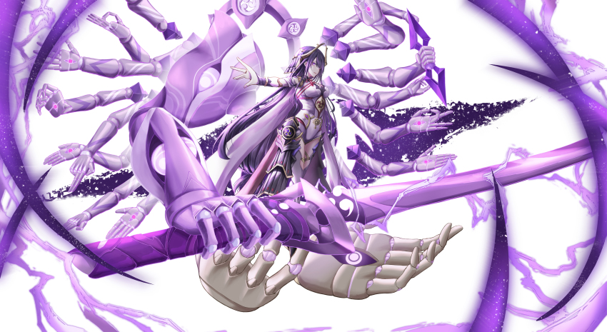 1girl, absurdres, armor, armored_leotard, boots, breasts, bridal_gauntlets, cleavage, electricity, extra_arms, extra_hands, fake_horns, genshin_impact, hair_between_eyes, hair_ornament, hand_gesture, helmet, highres, horned_helmet, horns, japanese_clothes, katana, large_breasts, leg_armor, leotard, lightning, long_hair, mechanical_arms, mitsudomoe_(shape), mole, mole_under_eye, nail_polish, outstretched_arm, purple_eyes, purple_hair, purple_nails, raiden_shogun, raiden_shogun_(magatsu_mitake_narukami_no_mikoto), sword, sych1590, thigh_boots, thighhighs, tomoe_(symbol), very_long_hair, weapon, white_background