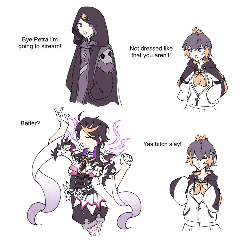 1boy, 1girl, ^_^, black_hair, black_hoodie, black_shorts, blue_eyes, closed_eyes