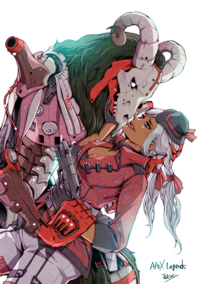 1boy, 1girl, absurdres, animification, apex_legends, black_gloves, black_headwear, bootlegger_loba