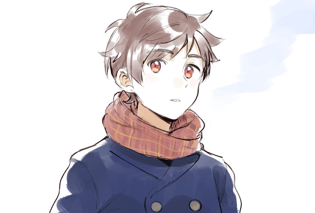 1boy, brown_hair, coat, karushiumu_shougyo, looking_at_viewer, male_focus, plaid_clothes, plaid_scarf