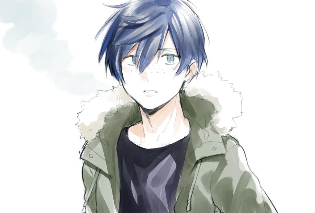 1boy, black_shirt, blue_eyes, blue_hair, coat, freckles, fur_trim, hair_between_eyes