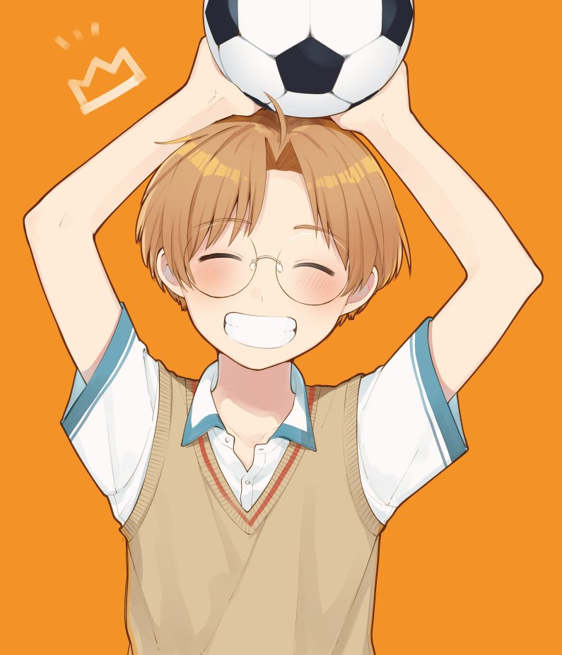 1boy, arms_up, ball, closed_eyes, facing_viewer, glasses, holding, holding_ball