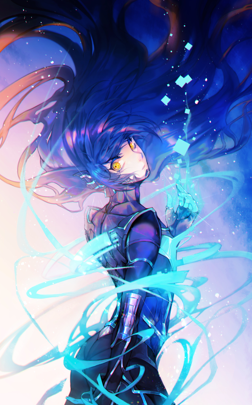 1boy, absurdres, bodysuit, eyelashes, highres, long_hair, looking_at_viewer, male_focus, protagonist_(aogami_nahobino)_(smtv), protagonist_(smtv), sherytan, shin_megami_tensei, shin_megami_tensei_v, solo, very_long_hair, yellow_eyes