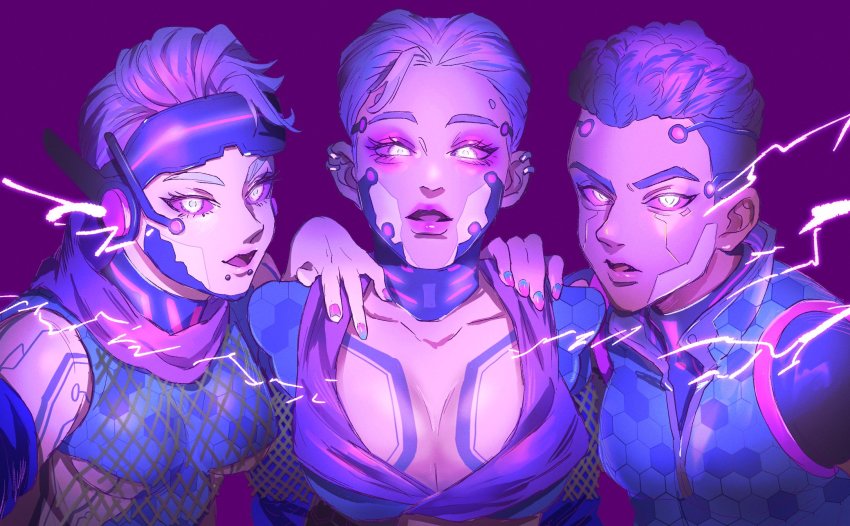 3girls, air_orchid_valkyrie, animification, apex_legends, bangalore_(apex_legends), breasts, cleavage, colored_sclera, colored_skin, commentary, cyberpunk, cyborg, ear_piercing, eyeshadow, eyewear_on_head, glowing, glowing_eyes, hand_on_another's_shoulder, highres, kogane_mushi, large_breasts, loba_(apex_legends), makeup, medium_breasts, multiple_girls, official_alternate_costume, open_mouth, piercing, purple_background, purple_eyeshadow, purple_hair, purple_reign_loba, purple_sclera, purple_skin, purple_theme, short_hair, untranslatable_commentary, valkyrie_(apex_legends), violet_veteran_bangalore, visor, white_eyes