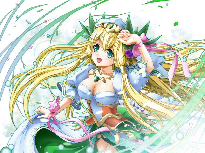 1girl, :d, aqua_eyes, blonde_hair, breasts, cleavage, dress, freyja_(p&amp;d)